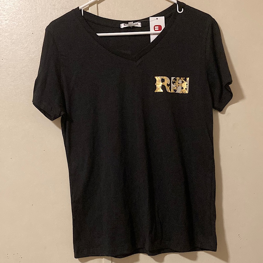 Simple black rock revival tee with gold logo on front and back